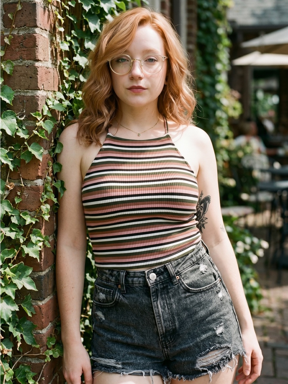 ☀️ Peach Love California • Multicolor Stripe Ribbed Halter Crop Top • Womens Md